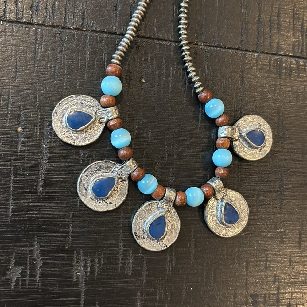 Boho Western Blue Brown Silver Turquoise Unique Necklace​